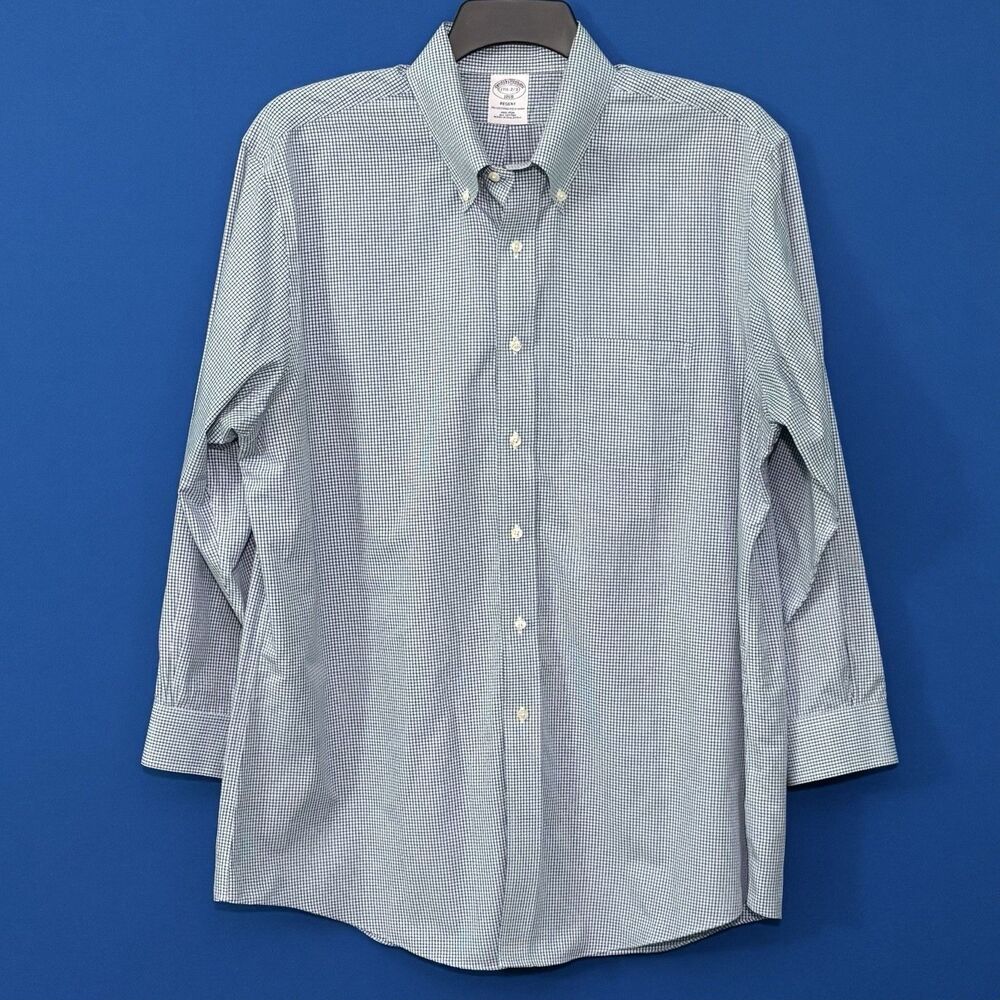 Brooks Brothers Regent Shirt Men's Size 17.5-2/3 Blue Green Small Check Non Iron